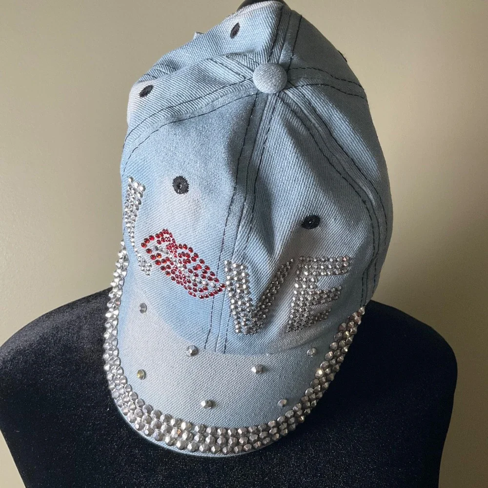 Y2K Bling Rhinestone LOVE Lips Denim Baseball Cap LightWash Studded Jean Dad Hat